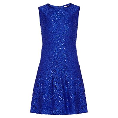 blue Drop Waist Embellished Lace Dress